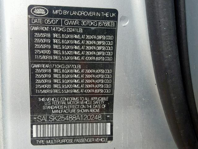 SALSK25488A120248 - 2008 LAND ROVER RANGE ROVE SILVER photo 10