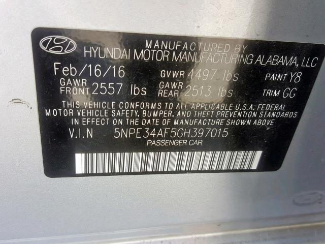 5NPE34AF5GH397015 - 2016 HYUNDAI SONATA SPO SILVER photo 10