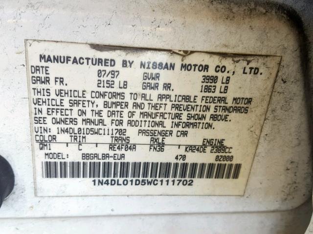 1N4DL01D5WC111702 - 1998 NISSAN ALTIMA XE WHITE photo 10