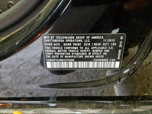 1VWAP7A38DC072096 - 2013 VOLKSWAGEN PASSAT S BLACK photo 10