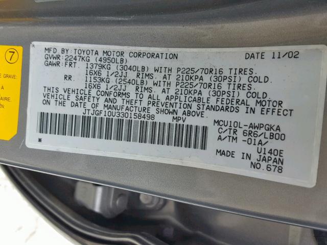 JTJGF10U330158498 - 2003 LEXUS RX 300 GRAY photo 10