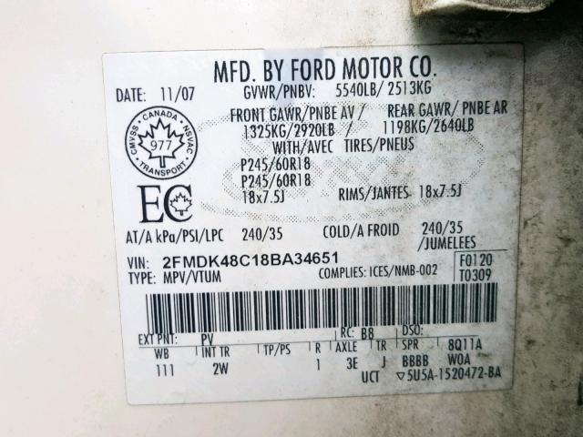 2FMDK48C18BA34651 - 2008 FORD EDGE SEL WHITE photo 10