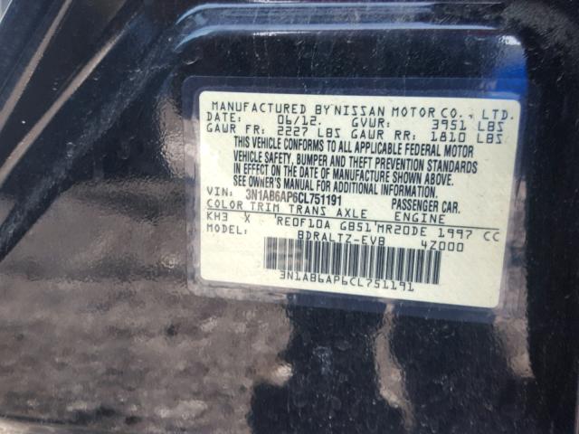 3N1AB6AP6CL751191 - 2012 NISSAN SENTRA 2.0 BLACK photo 10