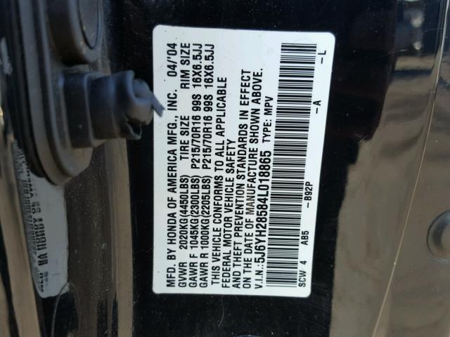 5J6YH28584L018865 - 2004 HONDA ELEMENT EX BLACK photo 10