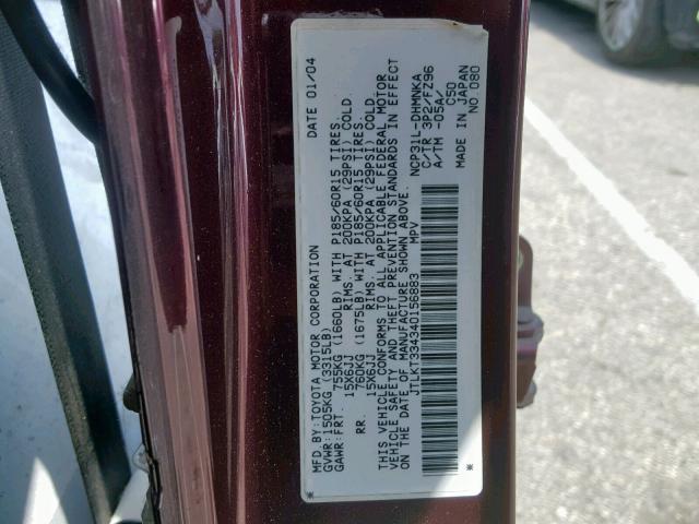 JTLKT334340156883 - 2004 TOYOTA SCION XB 勃艮第红 照片 10