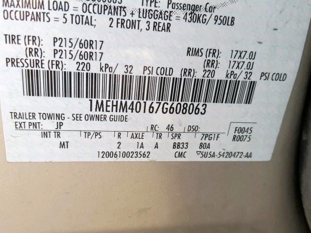 1MEHM40167G608063 - 2007 MERCURY MONTEGO LU SILVER photo 10