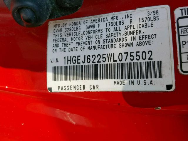 1HGEJ6225WL075502 - 1998 HONDA CIVIC DX RED photo 10