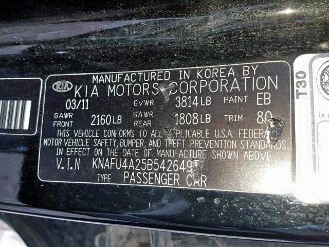 KNAFU4A25B5426498 - 2011 KIA FORTE EX BLACK photo 10