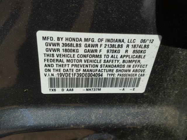 19VDE1F39DE004094 - 2013 ACURA ILX 20 GRAY photo 10