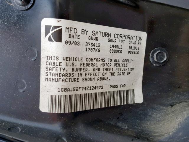 1G8AJ52F74Z124973 - 2004 SATURN ION LEVEL BLACK photo 10