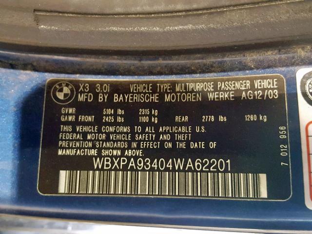 WBXPA93404WA62201 - 2004 BMW X3 3.0I BLUE photo 10