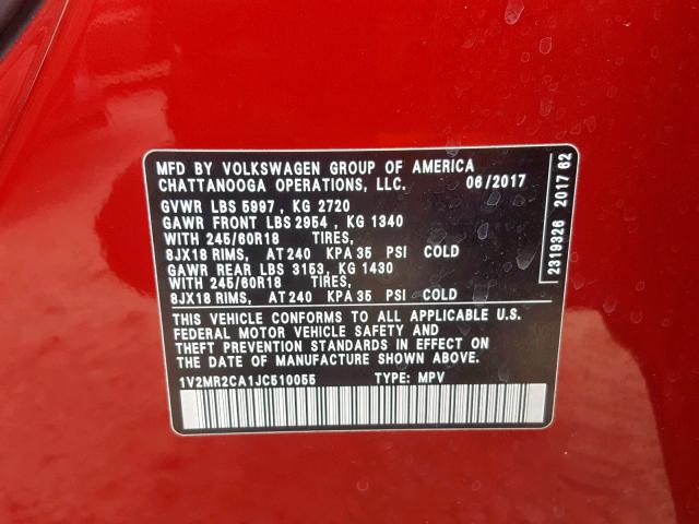 1V2MR2CA1JC510055 - 2018 VOLKSWAGEN ATLAS SEL Qırmızı foto 10
