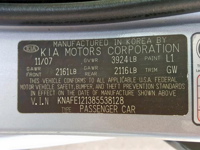 KNAFE121385538128 - 2008 KIA SPECTRA EX BLUE photo 10