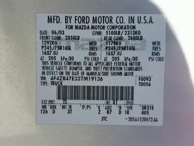 4F4ZR47E33TM19136 - 2001 MAZDA B4000 SILVER photo 10