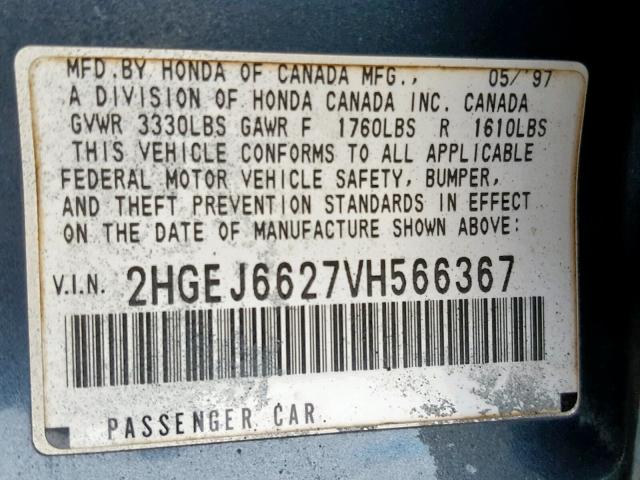 2HGEJ6627VH566367 - 1997 HONDA CIVIC DX BLUE photo 10