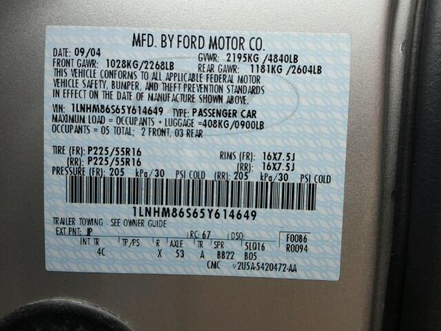 1LNHM86S65Y614649 - 2005 LINCOLN LS فضي صورة 10