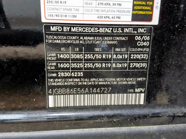 4JGBB86E56A144727 - 2006 MERCEDES-BENZ ML 350 BLACK photo 10