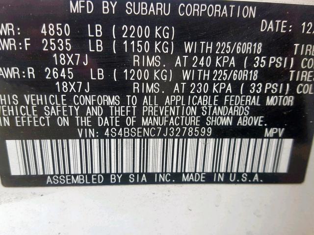 4S4BSENC7J3278599 - 2018 SUBARU OUTBACK 3. WHITE photo 10