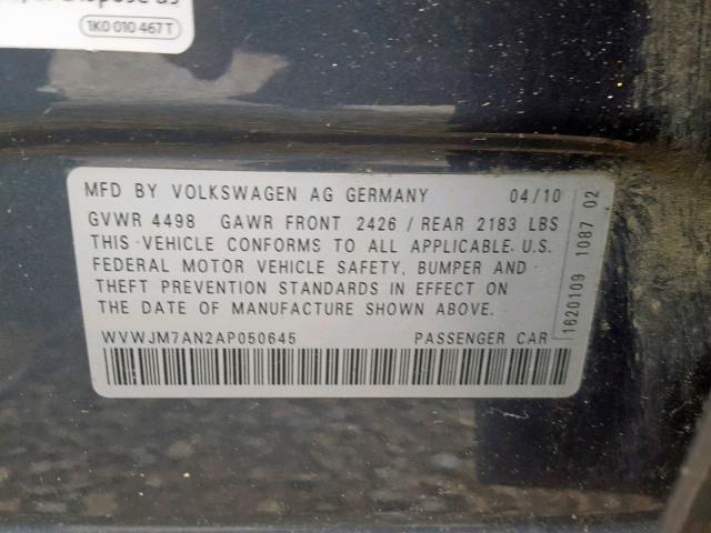 WVWJM7AN2AP050645 - 2010 VOLKSWAGEN PASSAT KOM CHARCOAL photo 10