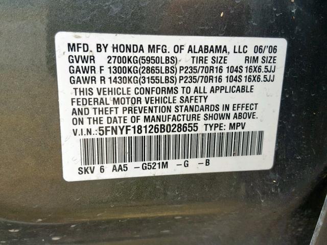 5FNYF18126B028655 - 2006 HONDA PILOT LX GREEN photo 10