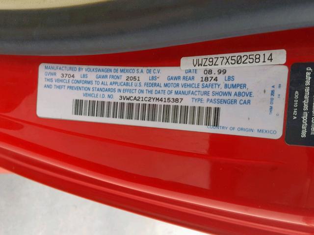 3VWCA21C2YM415387 - 2000 VOLKSWAGEN NEW BEETLE წითელი ფოტო 10