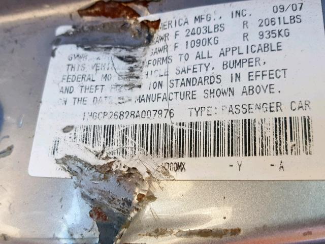 1HGCP26828A007976 - 2008 HONDA ACCORD EXL SILVER photo 10