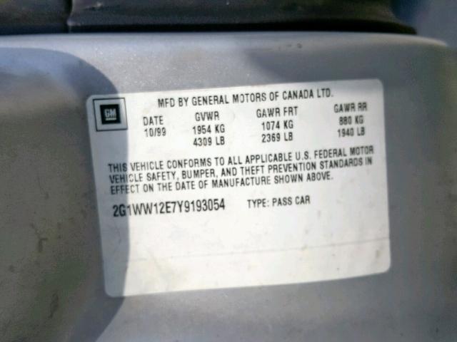 2G1WW12E7Y9193054 - 2000 CHEVROLET MONTE CARL ვერცხლისფერი ფოტო 10