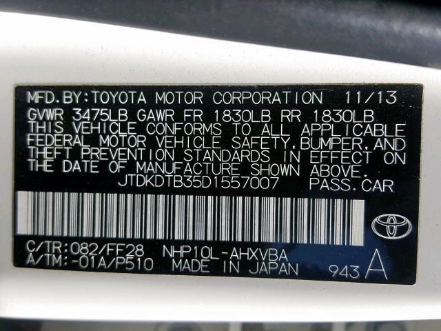 JTDKDTB35D1557007 - 2013 TOYOTA PRIUS C WHITE photo 10