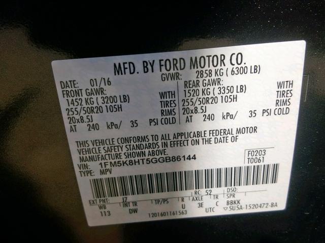 1FM5K8HT5GGB86144 - 2016 FORD EXPLORER P GRAY photo 10