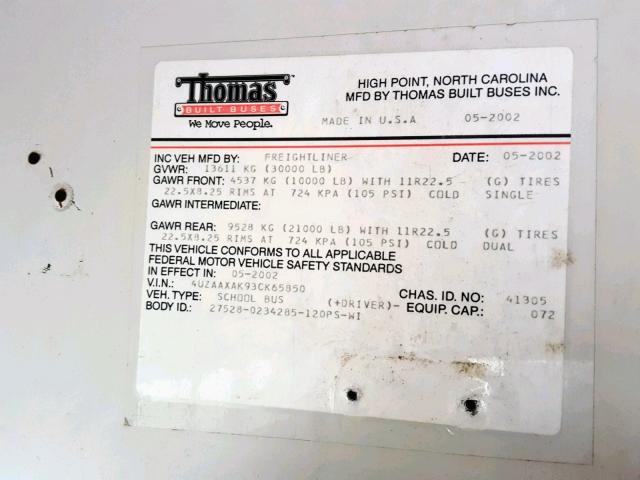 4UZAAXAK93CK65850 - 2003 FREIGHTLINER CHASSIS FS 黄色 照片 10