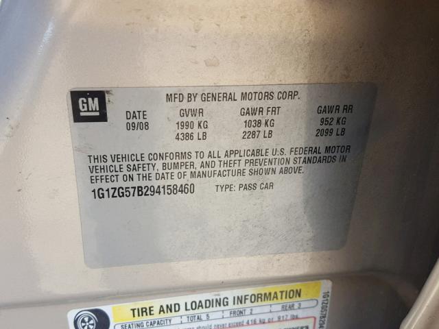 1G1ZG57B294158460 - 2009 CHEVROLET MALIBU LS თაფლისფერი ფოტო 10