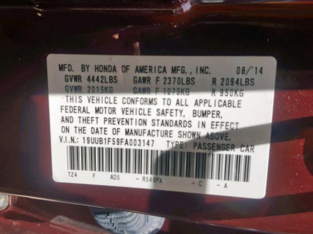 19UUB1F59FA003147 - 2015 ACURA TLX TECH BURGUNDY photo 10