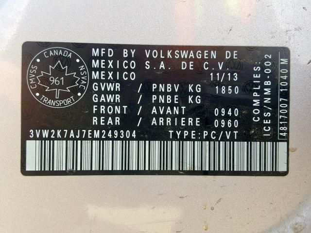 3VW2K7AJ7EM249304 - 2014 VOLKSWAGEN JETTA BASE SILVER photo 10