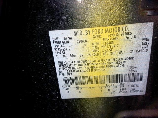 2FMDK48C97BB53501 - 2007 FORD EDGE SEL YELLOW photo 10