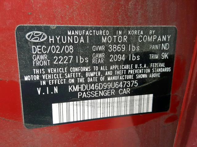 KMHDU46D99U647375 - 2009 HYUNDAI ELANTRA GL RED photo 10