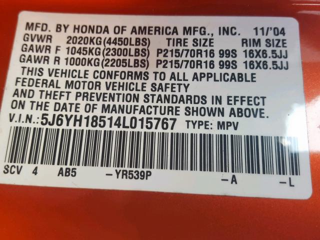 5J6YH18514L015767 - 2004 HONDA ELEMENT EX ORANGE photo 10