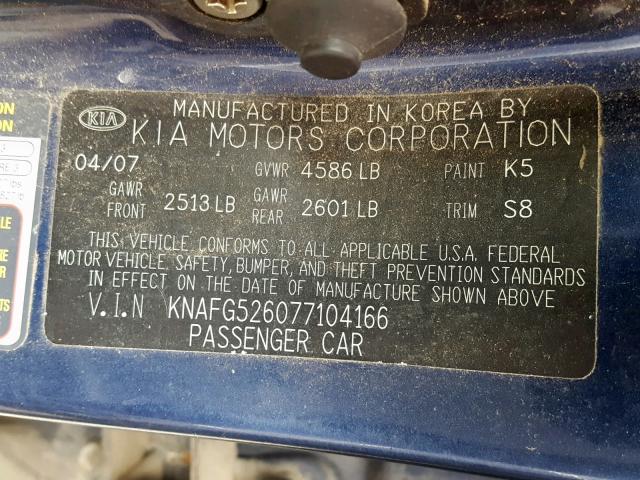 KNAFG526077104166 - 2007 KIA RONDO LX BLUE photo 10