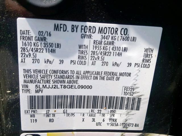 5LMJJ2LT8GEL09000 - 2016 LINCOLN NAVIGATOR 黑色 照片 10