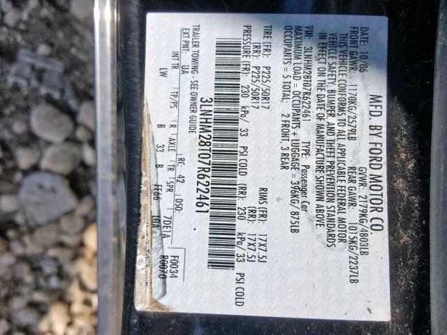 3LNHM28T07R622461 - 2007 LINCOLN MKZ BLACK photo 10