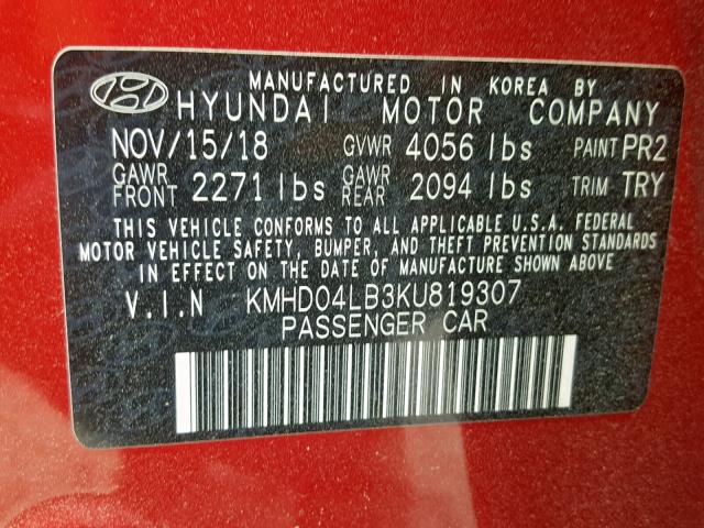 KMHD04LB3KU819307 - 2019 HYUNDAI ELANTRA SP RED photo 10