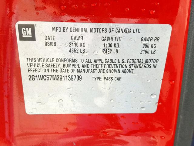 2G1WC57M291139709 - 2009 CHEVROLET IMPALA 2LT RED photo 10