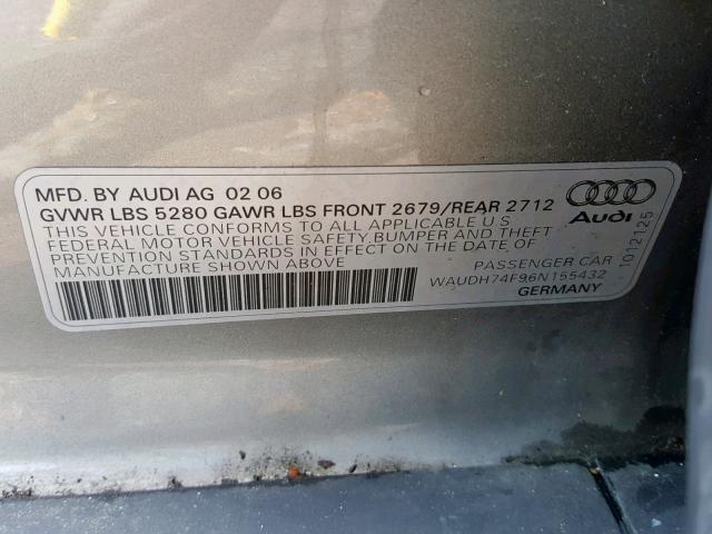 WAUDH74F96N155432 - 2006 AUDI A6 3.2 QUA GRAY photo 10