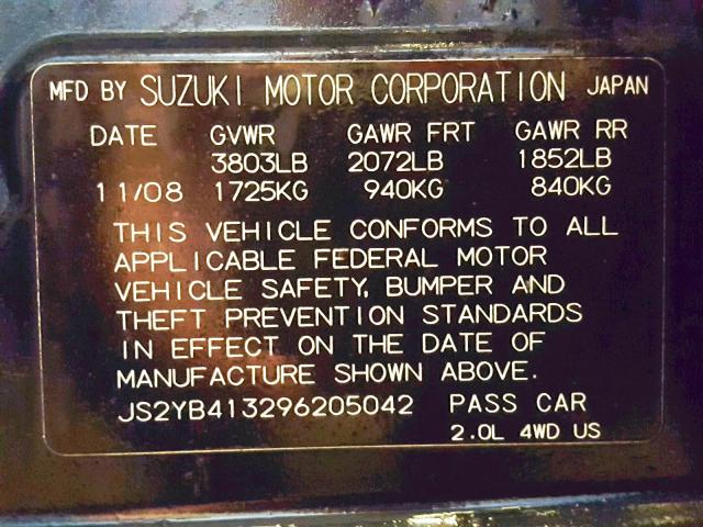 JS2YB413296205042 - 2009 SUZUKI SX4 TECHNO BLACK photo 10