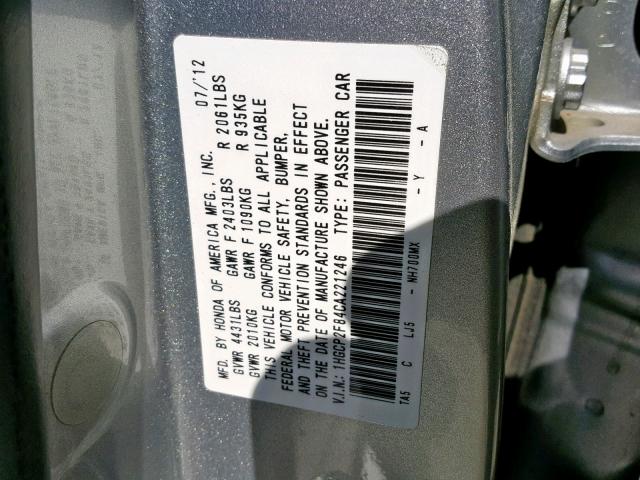 1HGCP2F84CA221246 - 2012 HONDA ACCORD EXL SILVER photo 10