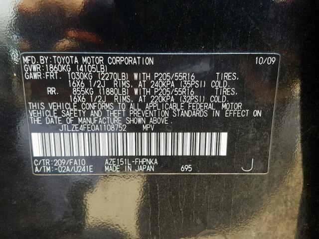 JTLZE4FE0A1108752 - 2010 TOYOTA SCION XB 黑色 照片 10