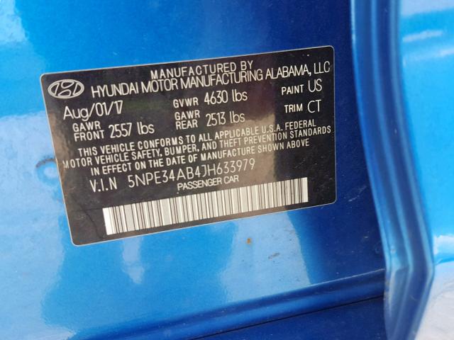 5NPE34AB4JH633979 - 2018 HYUNDAI SONATA SPO BLUE photo 10