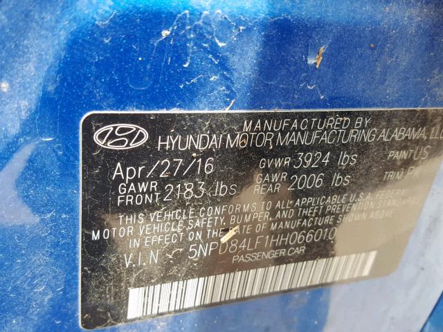 5NPD84LF1HH066010 - 2017 HYUNDAI ELANTRA BLUE photo 10