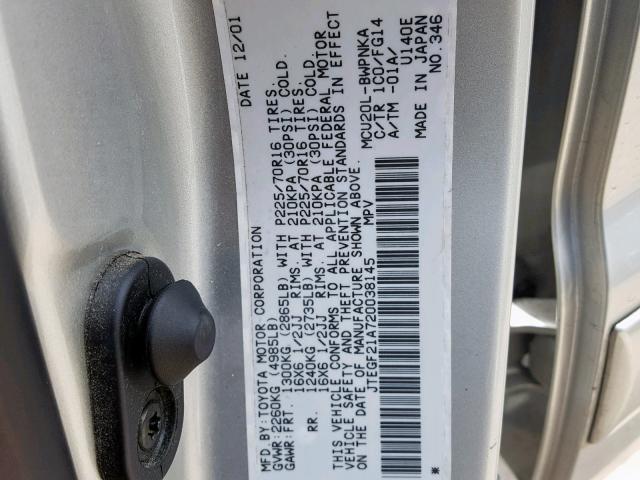 JTEGF21A720038145 - 2002 TOYOTA HIGHLANDER SILVER photo 10