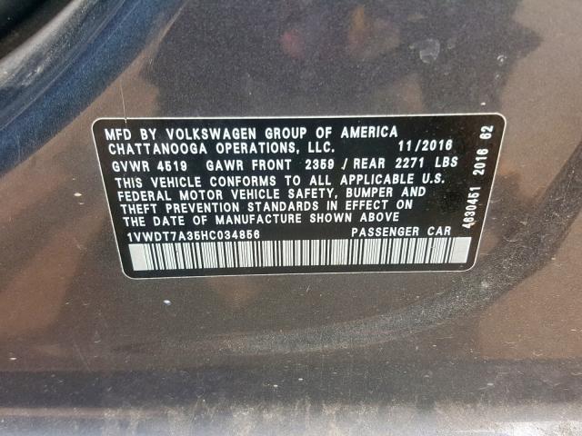 1VWDT7A35HC034856 - 2017 VOLKSWAGEN PASSAT R-L GRAY photo 10