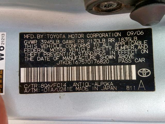 JTKDE167570176820 - 2007 TOYOTA SCION TC ლურჯი ფოტო 10